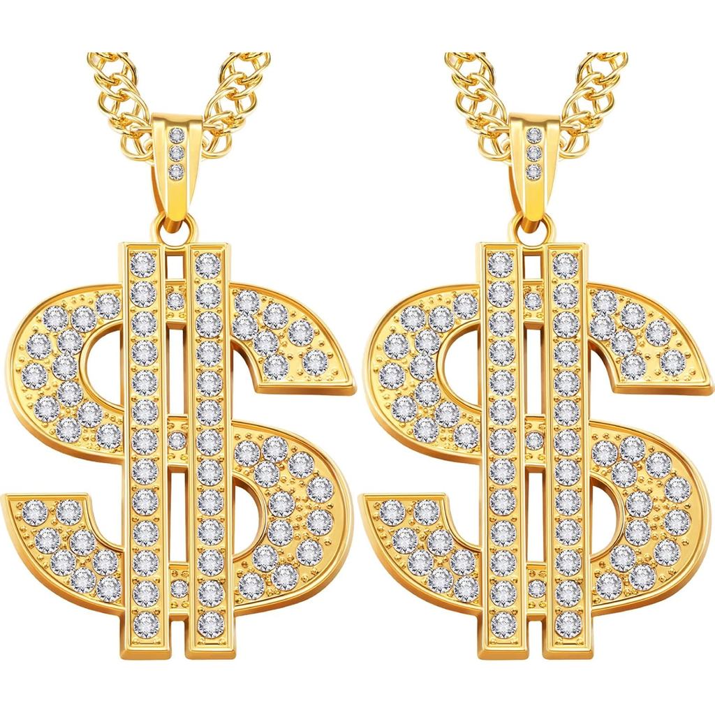 Tatuo 2 ชิ้น Gold Dollar Sign สร้อยคอปลอมเงินโซ่ชุบสําหรับชาย Hip Hop Dollar Sign สร้อยคอสําหรับชายข