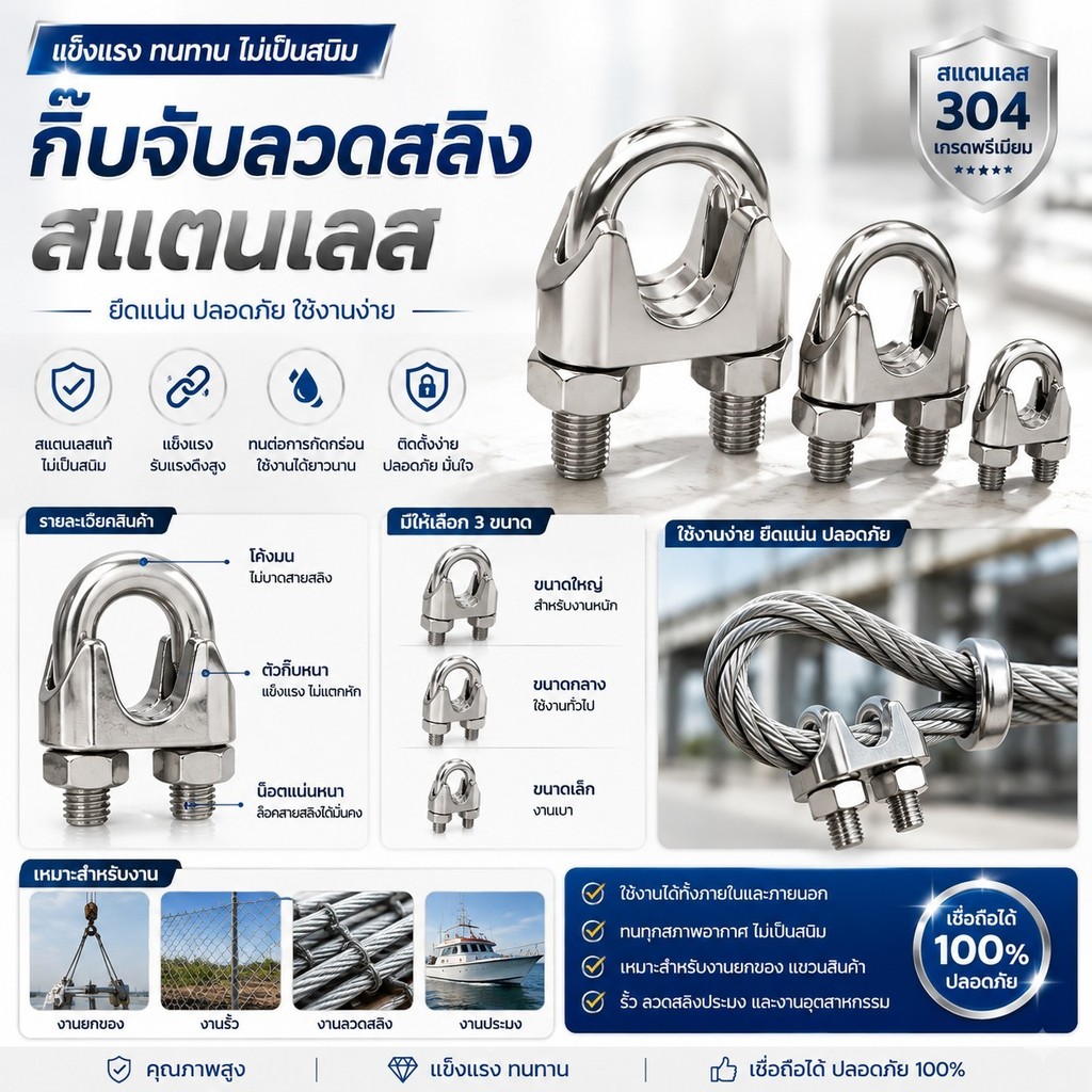 กิ๊บจับลวดสลิง กิ๊บล็อคสลิง แคมป์ล็อคสลิง สแตนเลส ขนาด M3/M5/M6/M8/M10/M12 พร้อมส่ง #AQ-0031
