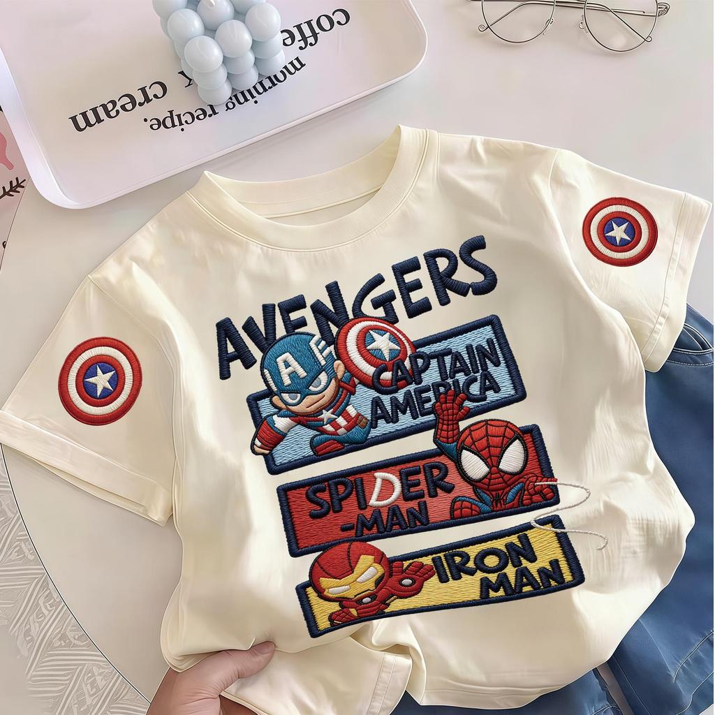 เสื้อยืดเด็กผ้าฝ้ายแท้แขนสั้น ลายปัก Marvel Avengers อเวนเจอร์ส รวมฮีโร่ กัปตันอเมริกา สไปเดอร์แมน ไอรอนแมน