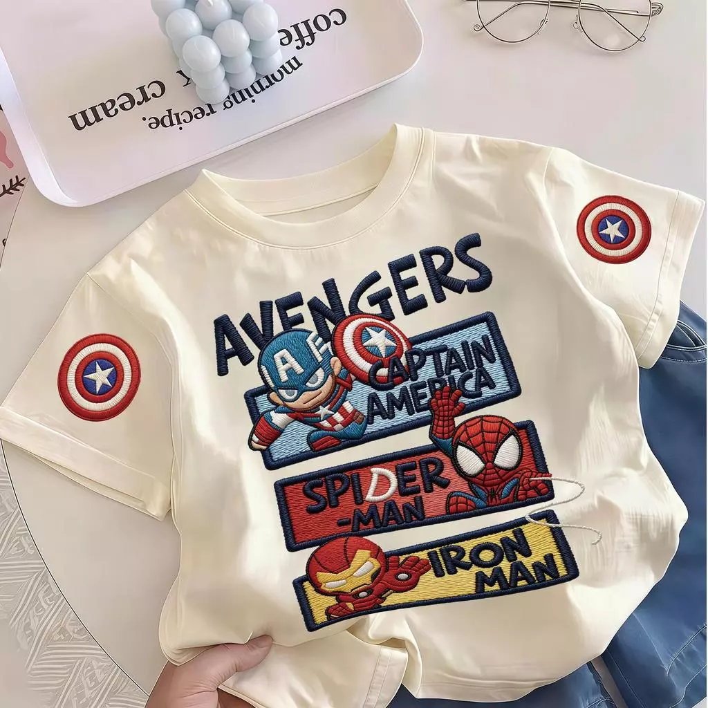 เสื้อยืดเด็กผ้าฝ้ายแท้แขนสั้น ลายปัก Marvel Avengers อเวนเจอร์ส รวมฮีโร่ กัปตันอเมริกา สไปเดอร์แมน ไอรอนแมน