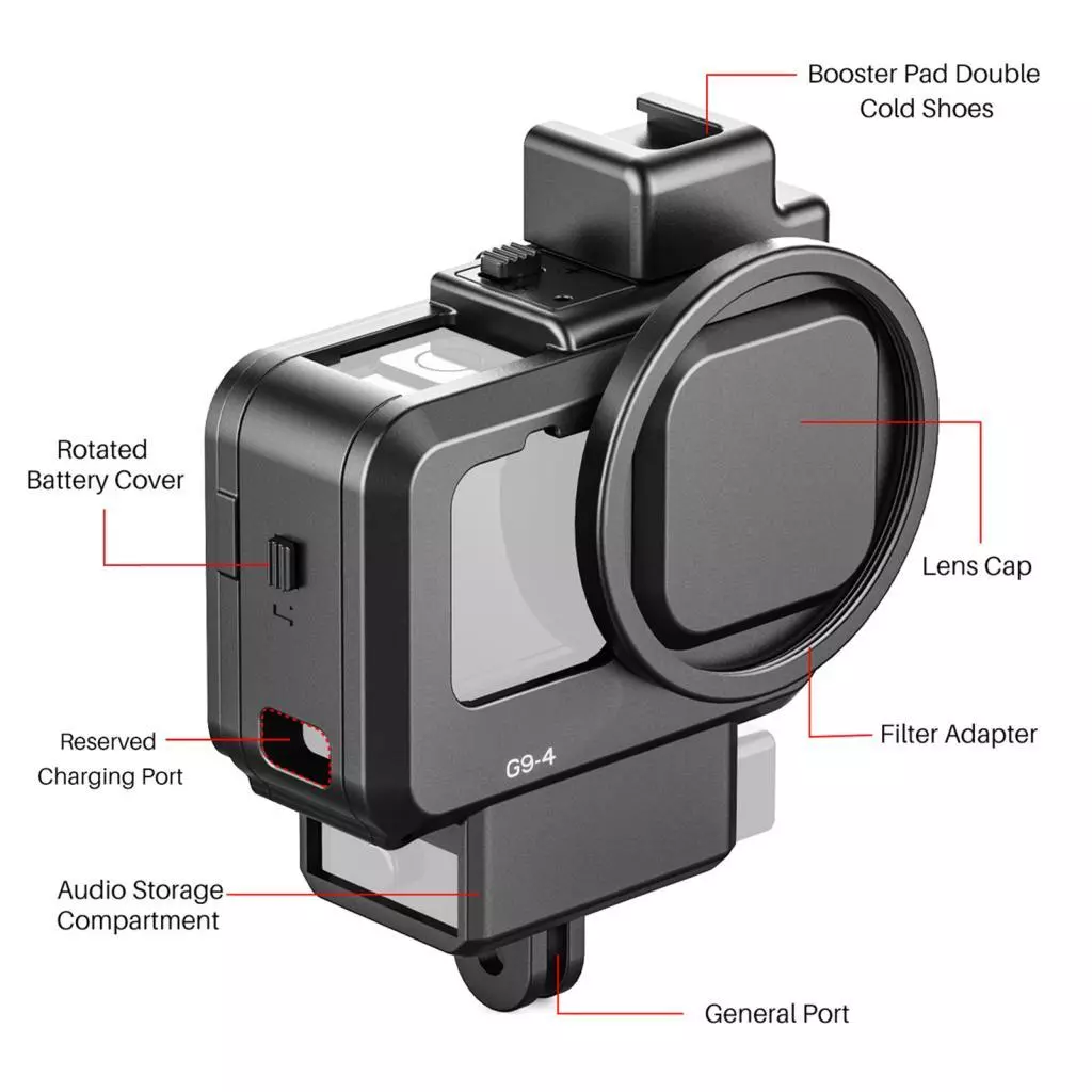 G9-4 กรงวิดีโอพลาสติกสำหรับ GoPro Hero 9 พร้อม Dual Cold Shoe และอะแดปเตอร์ 55 มม. thumbnail 9