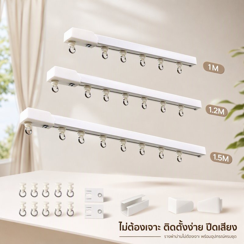 รางผ้าม่าน ราวผ้าม่าน ไม่ต้องเจาะ ติดกาวในตัว รางเลื่อนเงียบ ตัดต่อได้ ชุดรางพร้อมห่วง