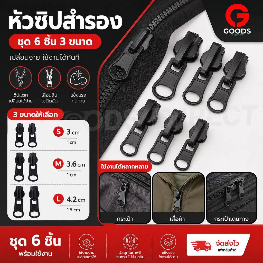 หัวซิป หัวซิปสำรอง หัวซิปรูด ถอดออกและประกอบได้ทันที ซ่อมแซมเสื้อผ้า 3 ขนาด 6ชิ้น/ชุด