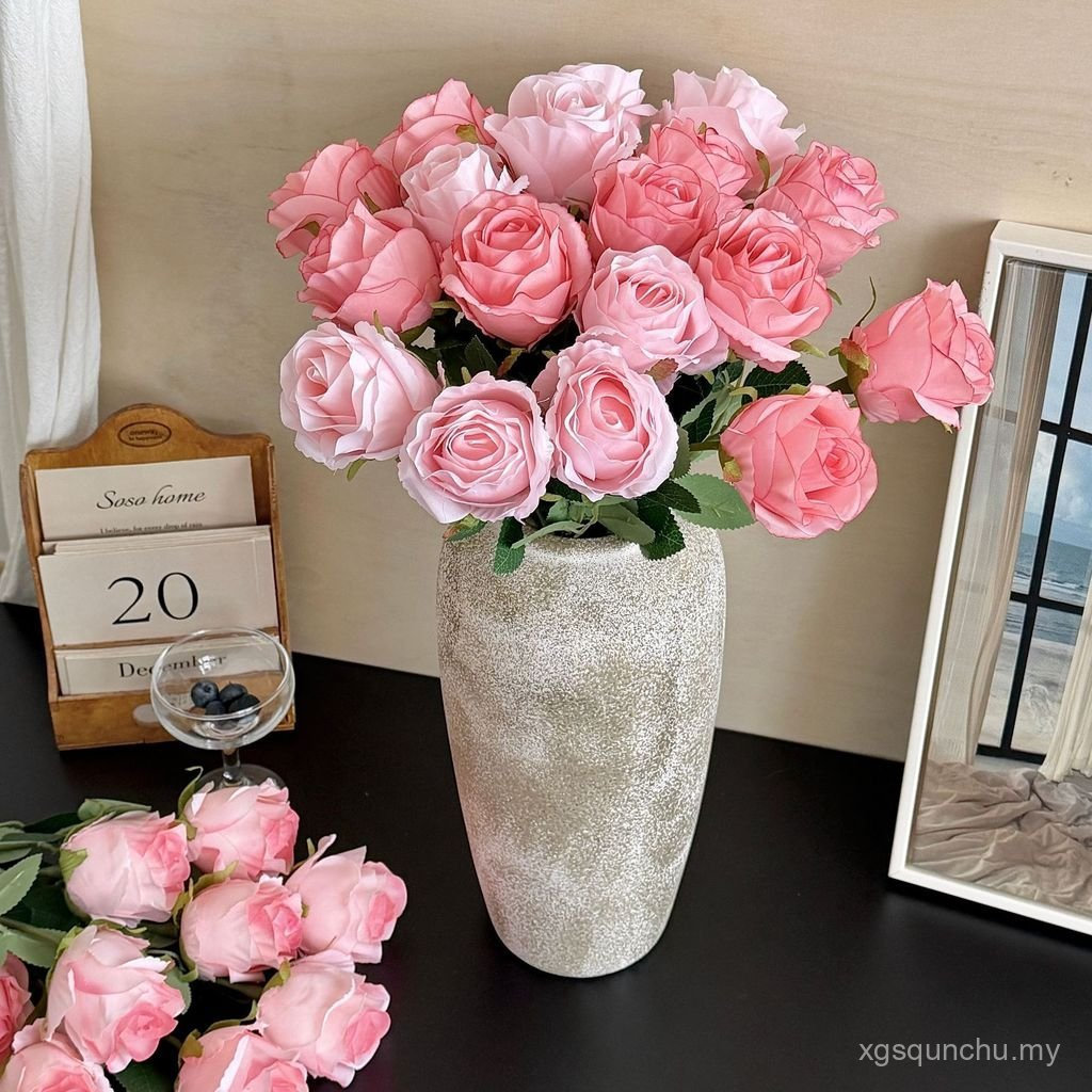 Bulgarian Rose High-End จําลองช่อดอกไม้ผ้าไหมดอกไม้ปลอมตกแต่งห้องนั่งเล่นในร่มโต๊ะรับประทานอาหารตกแต