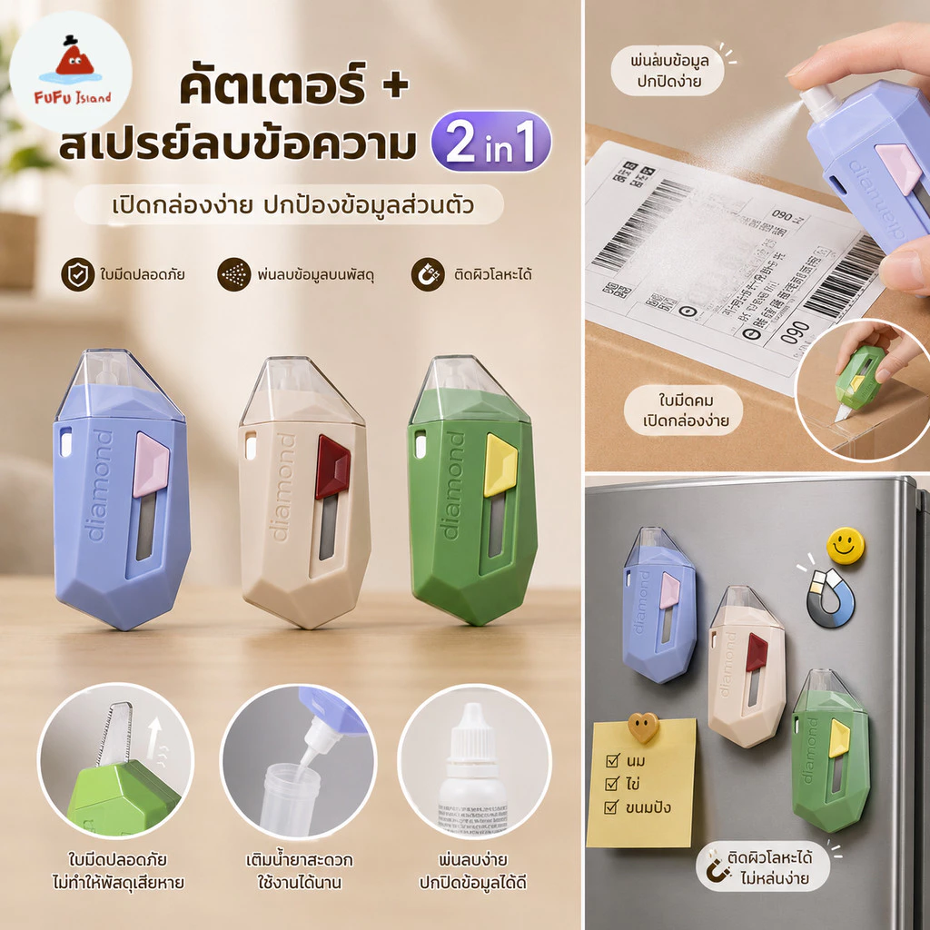 คัตเตอร์ 2 in 1 พร้อมสเปรย์ลบหมึกเติมได้ มีดเปิดพัสดุ ลบข้อความใบเสร็จปกป้องข้อมูล พกพาใช้งานบ้านและออฟฟิศ