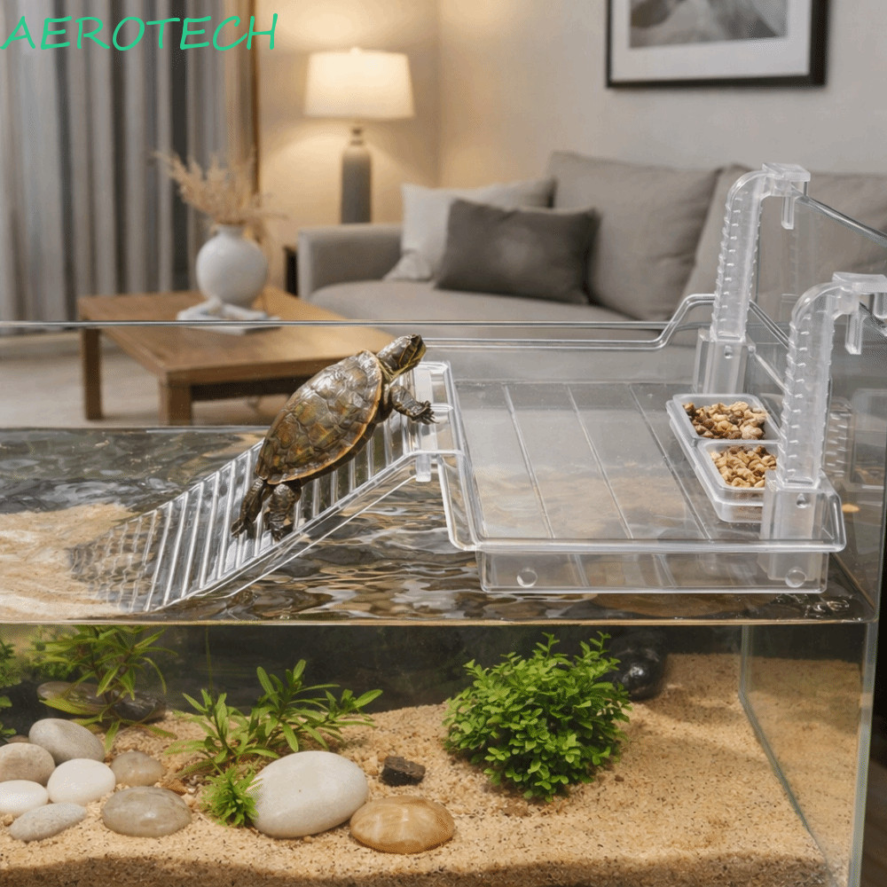 AEROTECH เกาะลอย, แพลตฟอร์ม Basking สัตว์เลื้อยคลานแบบแขวนที่ถอดออกได้, บันไดปีนเขาสร้างสรรค์โปร่งใสพร้อมชามให้อาหารเต่า Resting Terrace Tortoise Enclosure