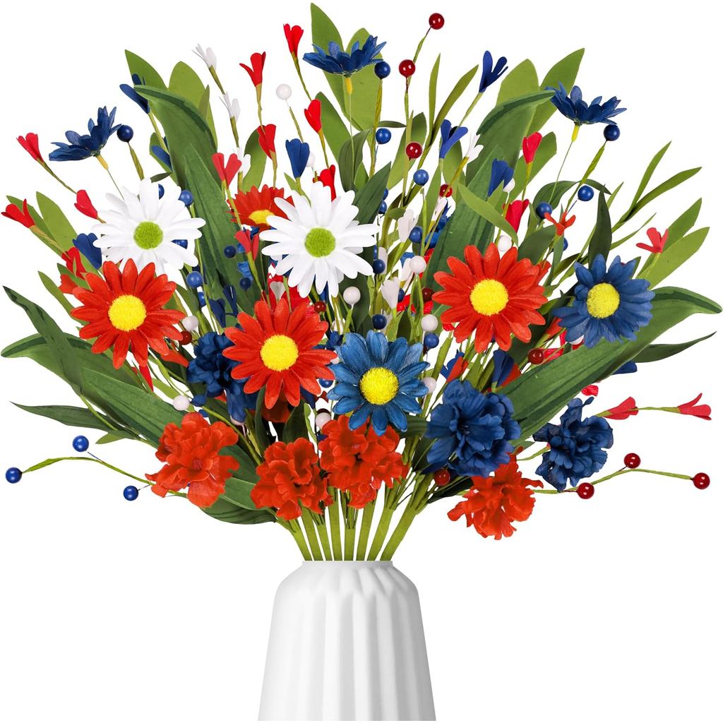 16 มัด 4th/Fourth of July ตกแต่งดอกไม้ผ้าไหมประดิษฐ์สีแดงสีขาวสีฟ้า Patriotic Picks Berry Stems Memo
