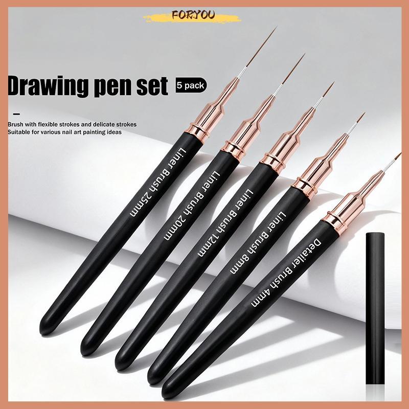 FORYOU 5PCS Nail Art Liner แปรงขนาดภาพวาดเล็บออกแบบปากกา 4/8/12/20/25 มม.เครื่องมือสําหรับเส้นยาวราย