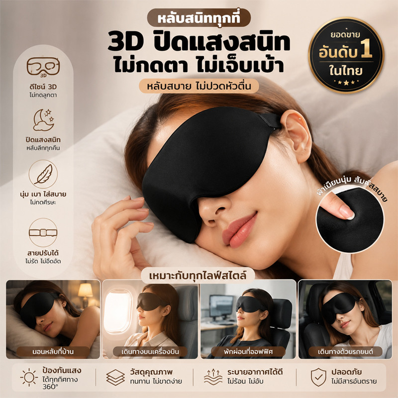 ที่ปิดตา 3D ไม่กดทับดวงตา ครอบกระชับหน้า นุ่มสบาย กันแสงร้อยเปอร์เซ็นต์ สำหรับนอนหลับลึกและเดินทาง ใส่สบายสุดๆ
