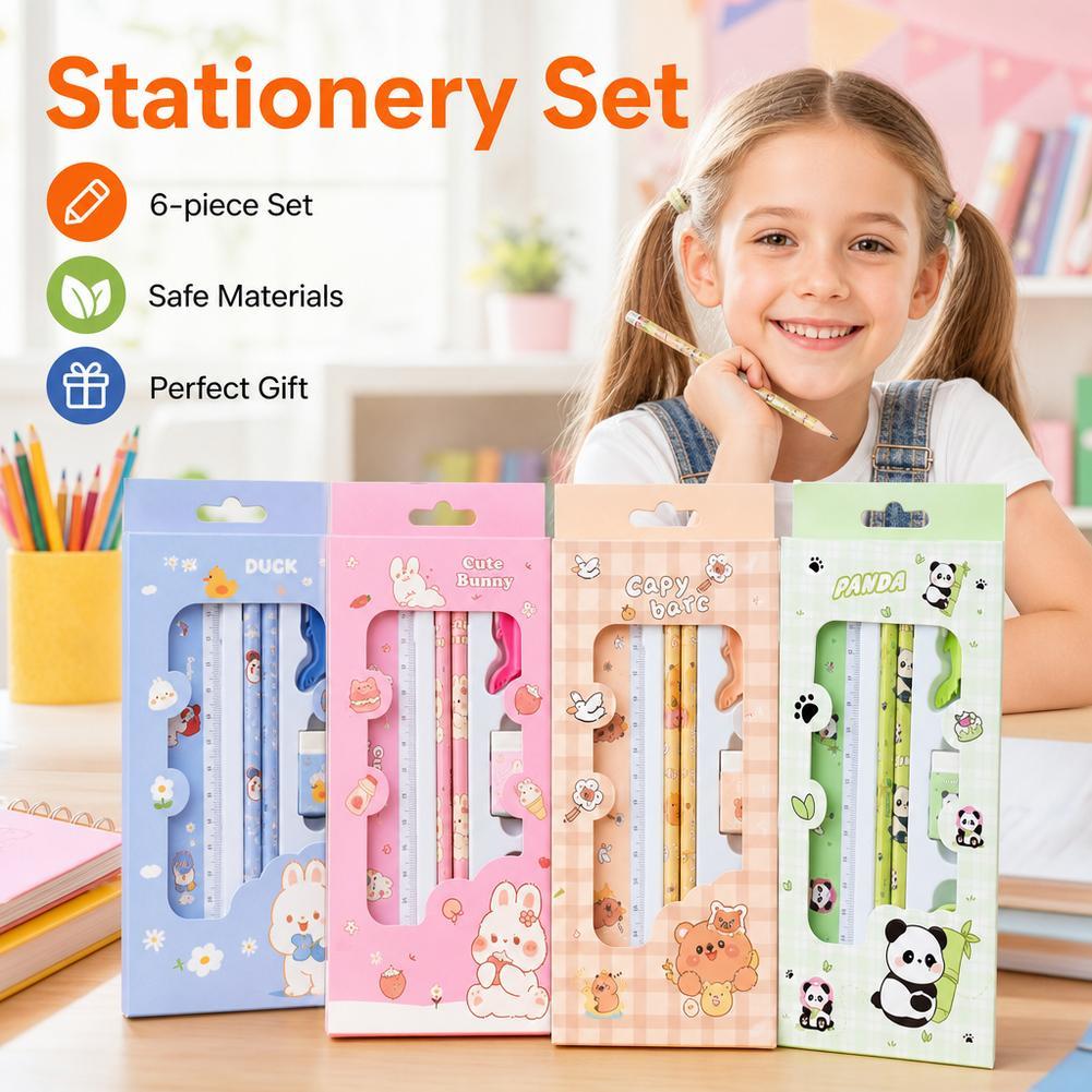 Back To School Kids ชุดเครื่องเขียนการ์ตูน 6 ชิ้นชุดยางลบอุปกรณ์การเรียนรู้ชุดดินสอ O9O3