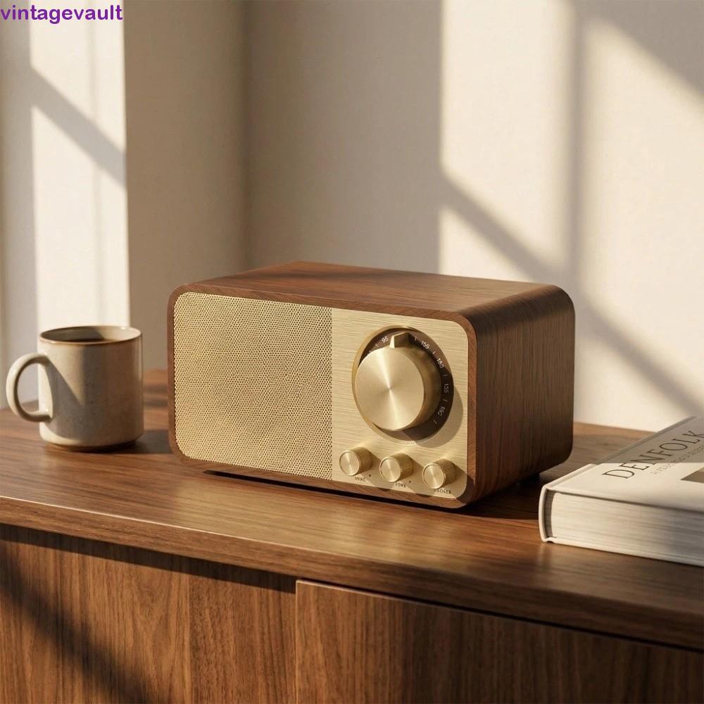 VINTAGEVAULT วิทยุ FM พร้อมบลูทูธ, บลูทูธ 5.0 ลําโพงบลูทูธไม้, ซับวูฟเฟอร์เสาอากาศ FM Bass & Treble 