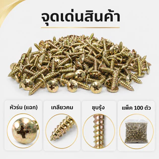 สกรูเกลียวปล่อย หัวร่ม หัวแฉก STAR ชุบรุ้ง แพ็ค 100 ตัว เบอร์ 7 8 10 เลือกความยาวได้