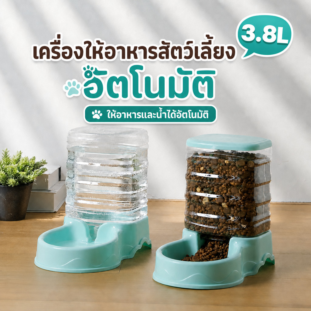 เครื่องให้อาหารแมวอัตโนมัติ ที่ให้อาหารสุนัขอัตโนมัติ เครื่องให้น้ำสัตว์เลี้ยง 3.8 ลิตร เติมง่าย ไม่หก