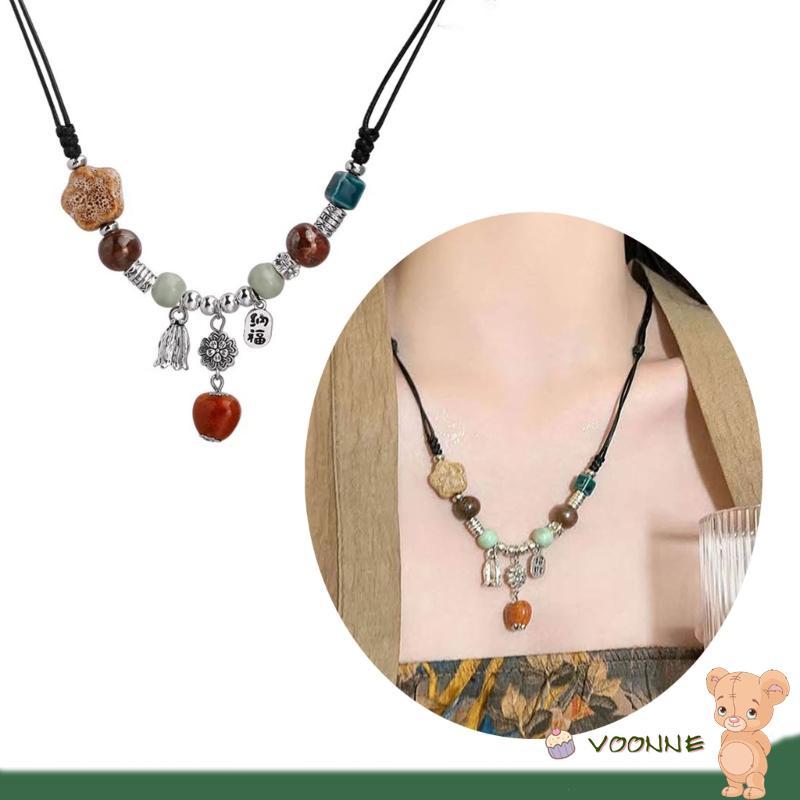 Voonne Bohemian สไตล์ชาติพันธุ์สร้อยคอ Handmade เซรามิคลูกปัด Waterdrop จี้ Choker ปรับขนาดสร้อยคอ B