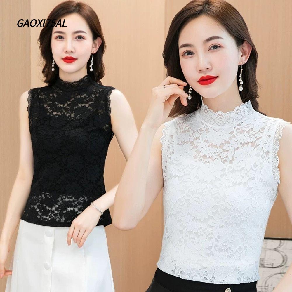 GAOXI75AL Floral Tank Tops,สีดําสีขาวL-3XLเสื้อลูกไม้,Elegantครึ่งคอปกสูงยืดหยุ่นTเสื้อผู้หญิงหญิง