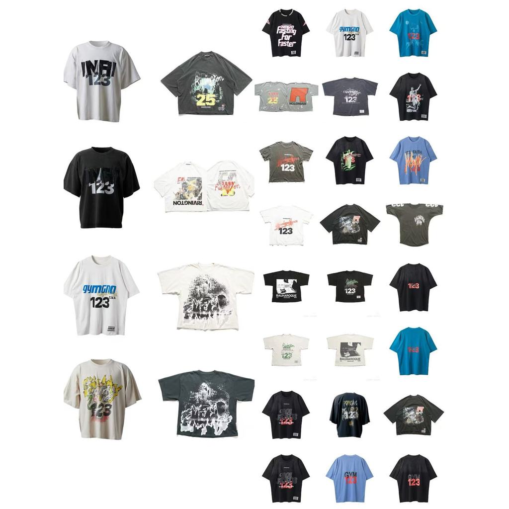 QSD7 rrr123รูปแบบนามธรรมจํานวนพิมพ์ย้อนยุคหลวมฮิปฮอปแขนสั้นเสื้อยืดผู้ชายผู้หญิงอินเทรนด์