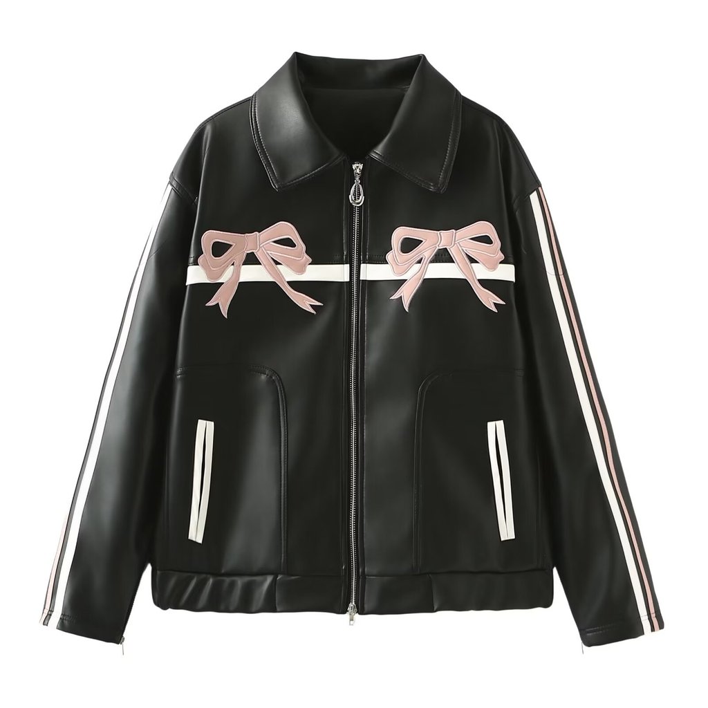 欧美2024春新款装甜酷蝴蝶结黑色皮衣外套European and American 2024 spring new outfit sweet cool bow20260823