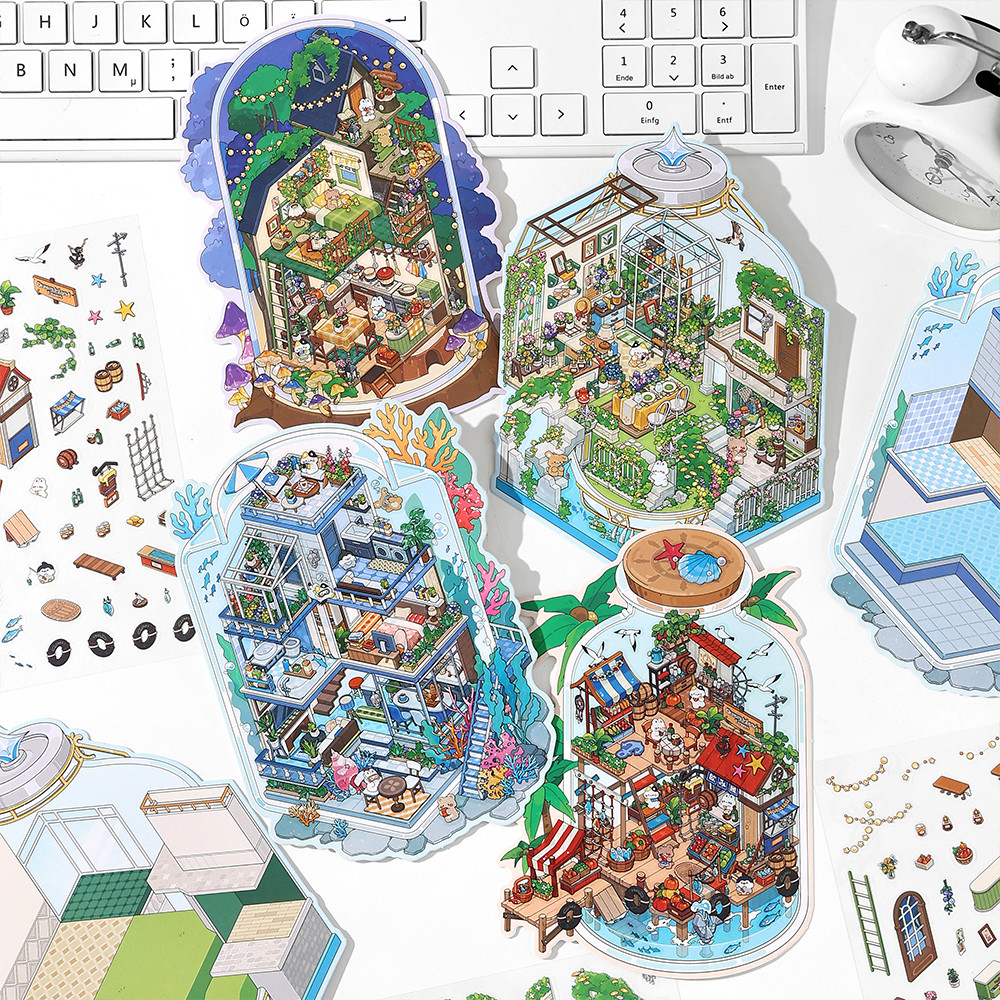 Infeel me Today เปิดสติกเกอร์ภูมิทัศน์ 2.5D คู่มือ diy ฉากจิ๋ว Decompression สติกเกอร์ซ้อน