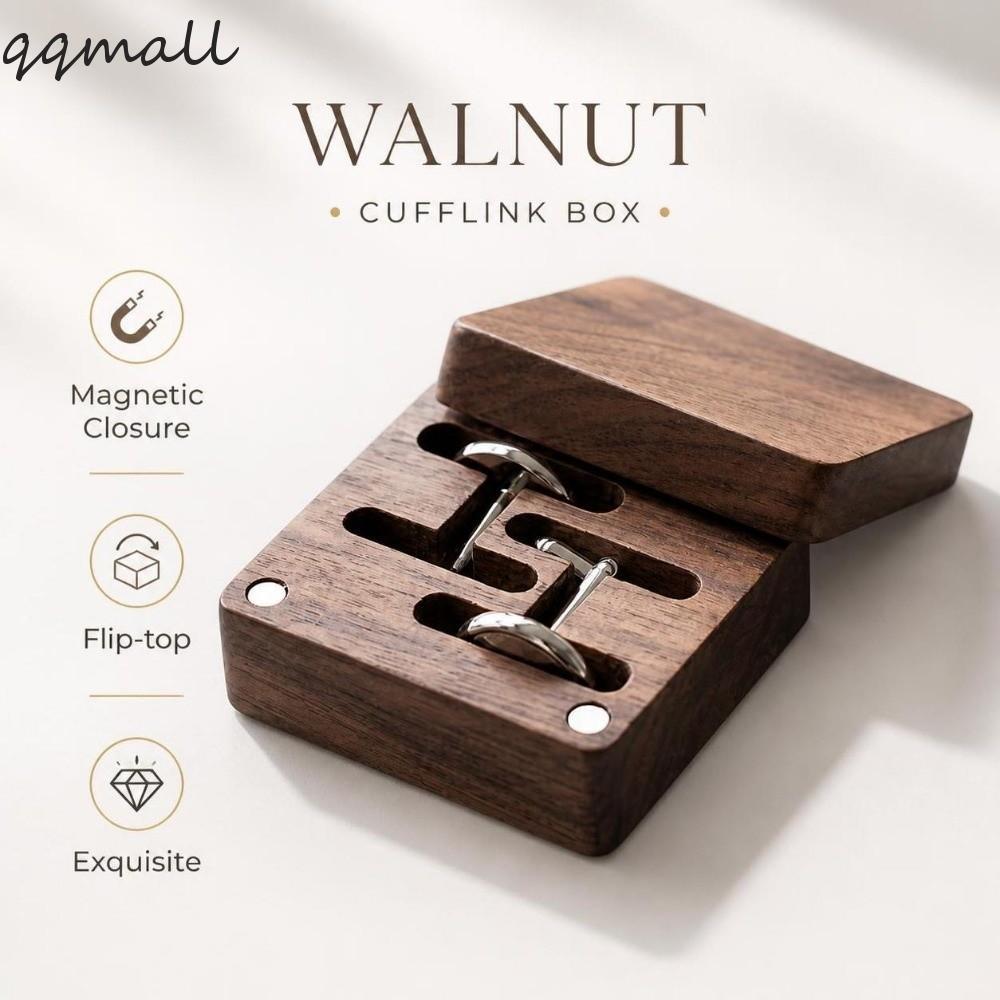 QQMALL วอลนัท Cufflink กล่อง, Solid Flip-top Cufflink Organizer, ของขวัญสําหรับเขาแม่เหล็กปิดประณีตไ
