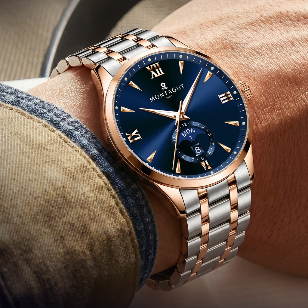 Mechanical montagut High-End นาฬิกาข้อมืออัตโนมัติหรูหรานาฬิกาผู้ชาย montagut Moon Phase ธุรกิจ