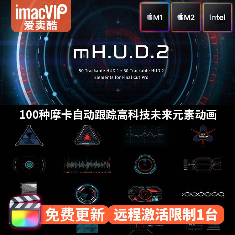 FCPX M1/M2 Plug-In-100 Mocha การติดตามอัตโนมัติ High-Tech Future Elements Animation mHUD 2