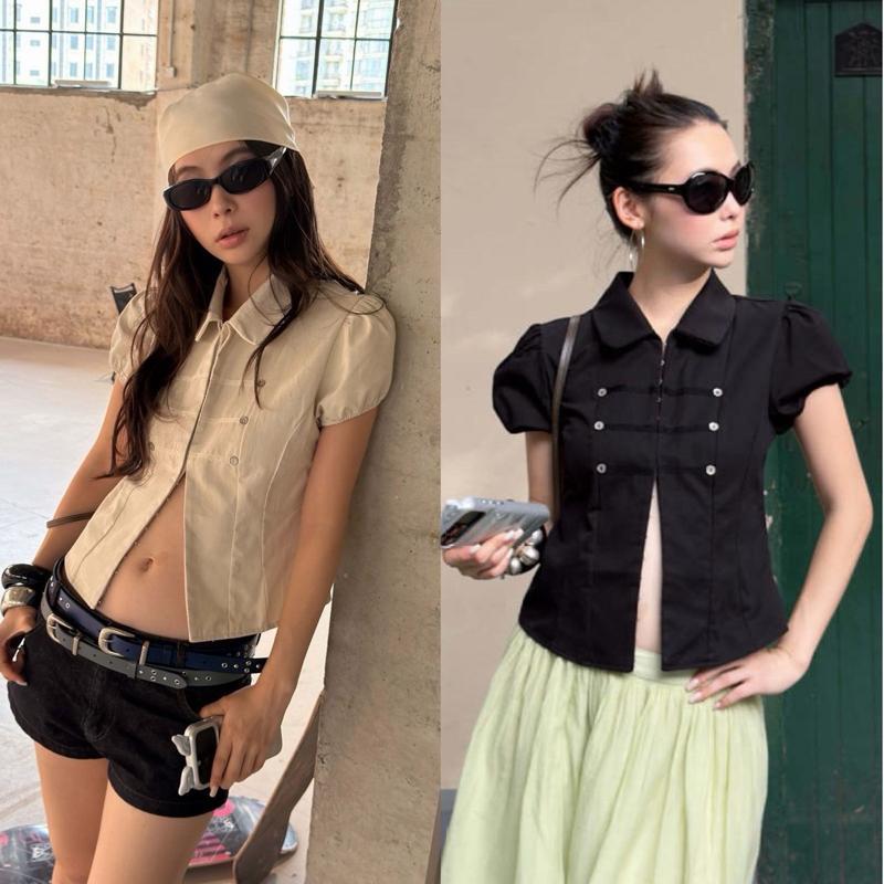 BY0695 เสื้อทรงหลวมคอปกแขนดอลลี่ผ้าหนา งานตะขอ ดีเทลกระดุมคาด benly co