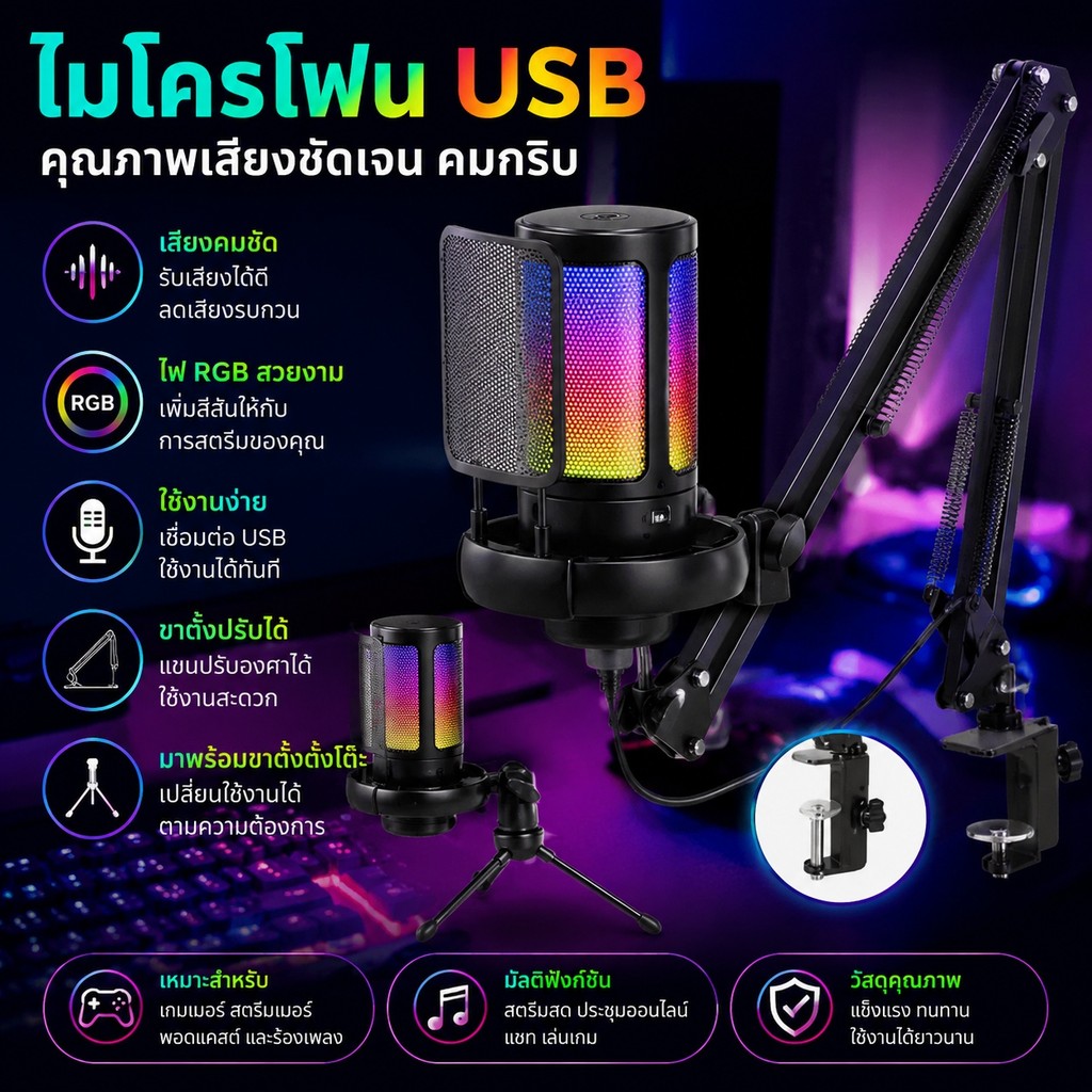SG RGB USB ไมโครโฟนสําหรับเล่นเกม USB คอนเดนเซอร์ไมโครโฟน Plug and Play Zero latency ลดเสียงรบกวนไมโ