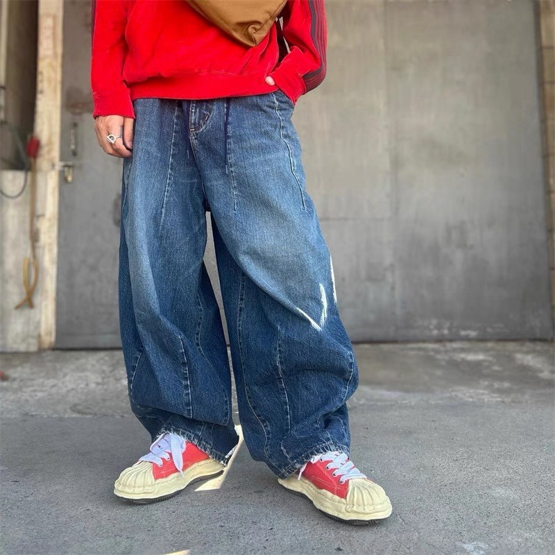 RA73 NEEDLES HD PANT JEAN DENIM ญี่ปุ่นกางเกงขากว้างหลวมล้างกางเกงยีนส์ผู้ชาย 24aw