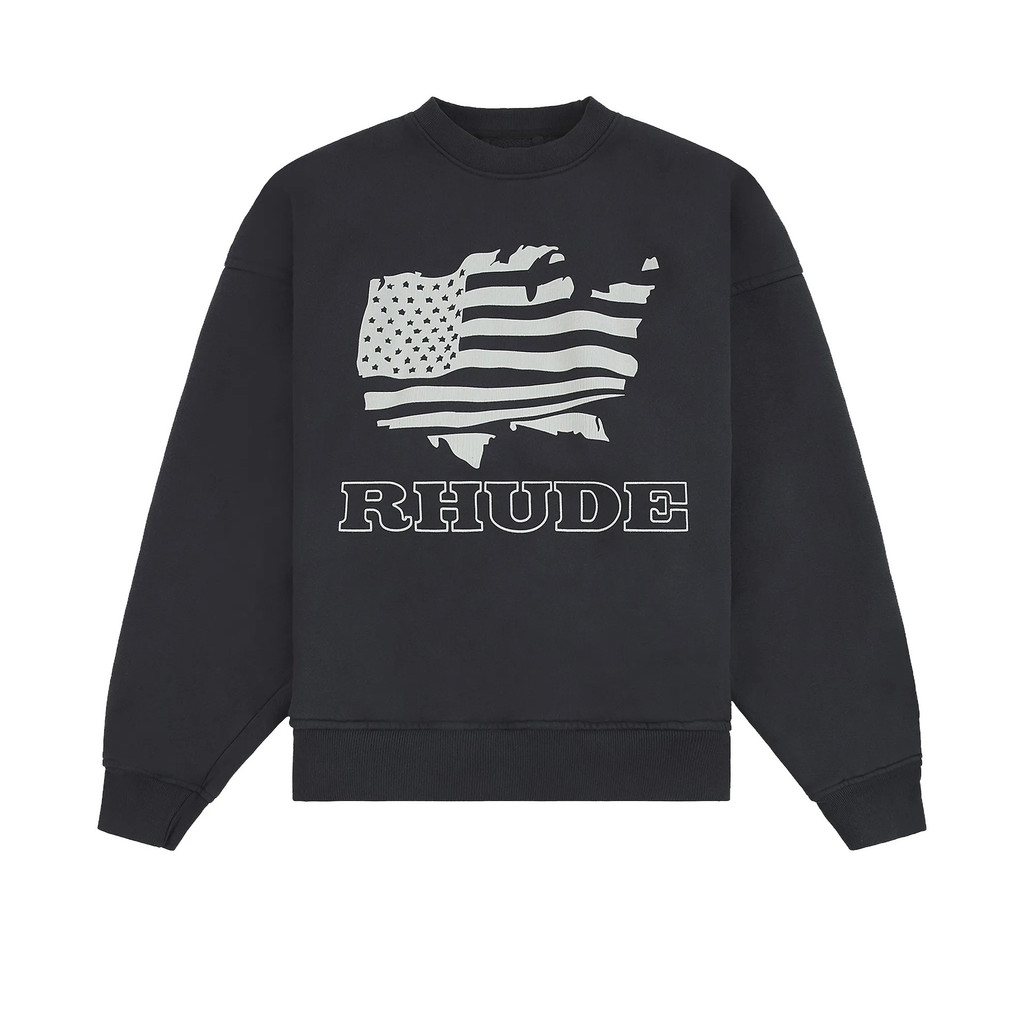 P7HH RHUDE ฤดูใบไม้ร่วงสไตล์ใหม่สีดําแผนที่อเมริกันธงชาติรอบคอเสื้อกันหนาว Distressed หลวมเสื้อกันหน