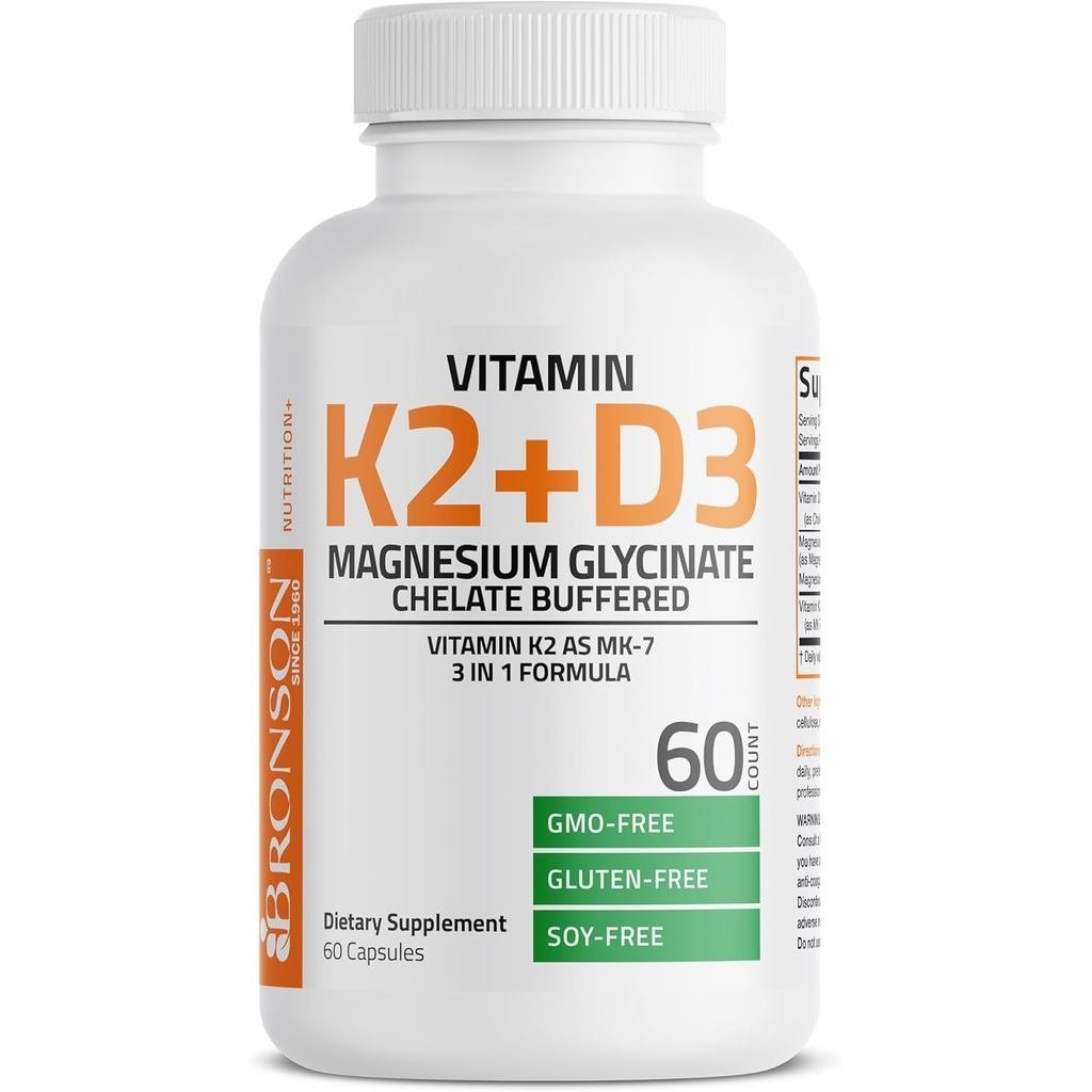 Bronson Vitamin K2+D3 ผลิตภัณฑ์เสริมอาหารไกลซิเนต 60 แคปซูล A8A0