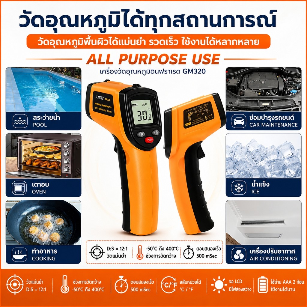 GM320 Infrared Thermometer เครื่องวัดอุณหภูมิเลเซอร์ -50~400°C จอ LCD วัดเร็ว ใช้งานบ้านและช่าง