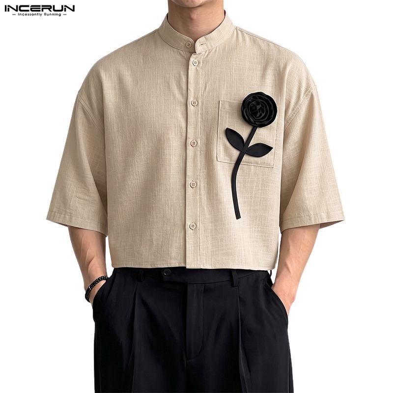 ไม่แน่นอน เสื้อเชิ้ตแขนห้าส่วนสเตอริโอมุมมองแฟชั่นสําหรับผู้ชาย