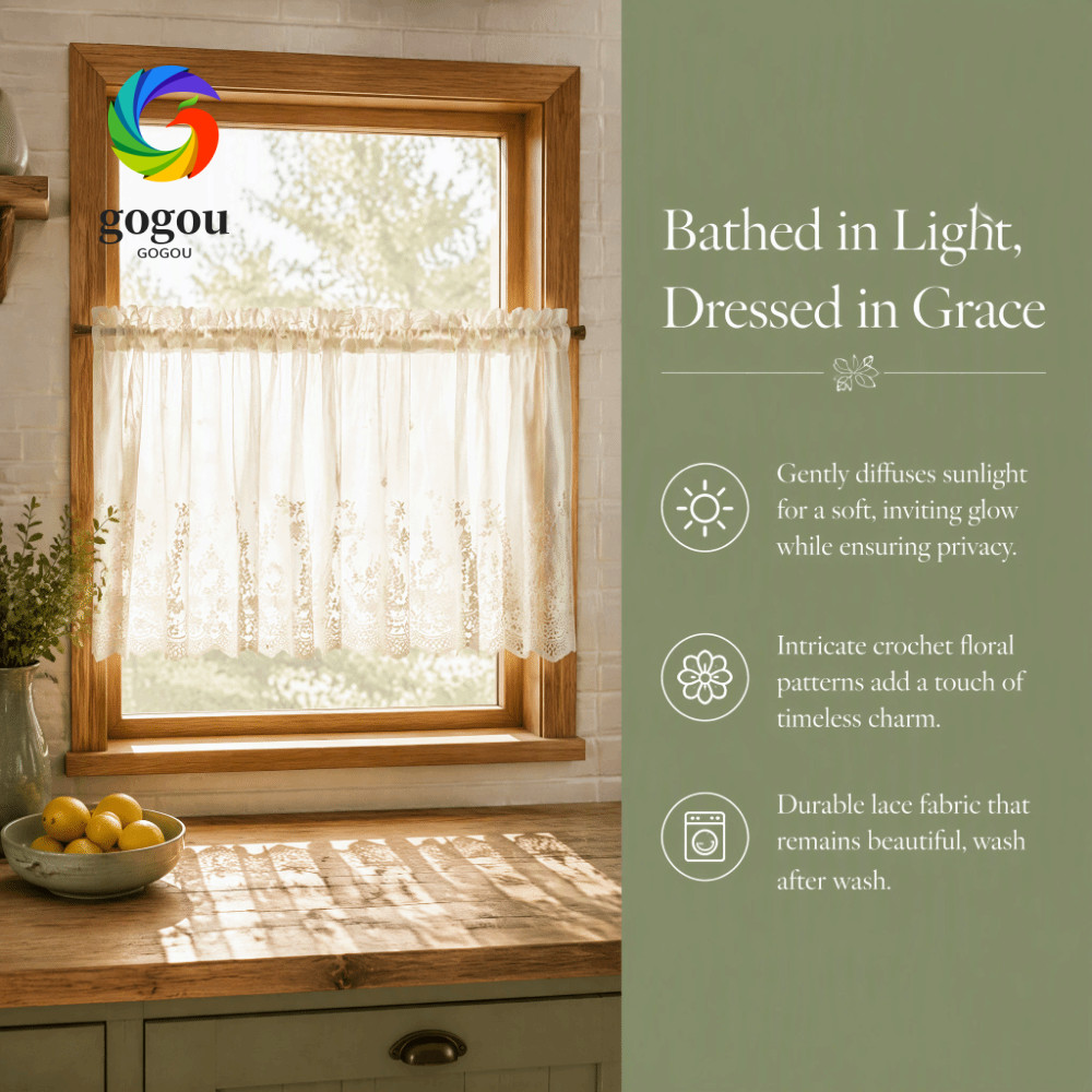 GOGOU ผ้าม่านลูกไม้, 51.18 * 16.44in Beige Sheer Curtain, ตกแต่ง Rod Pocket Light Filtering ผ้าลินิน