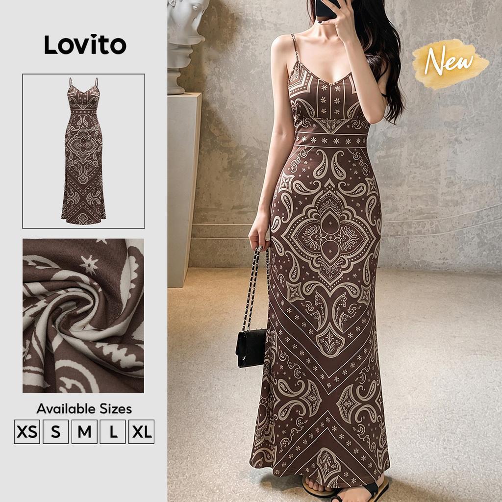 (New Arrival) Lovito เดรสสีน้ำตาลลำลองสำหรับผู้หญิง ลายชนเผ่า คอระบายลูกไม้ เดรสยาวทรงเอ สำหรับฤดูใบ