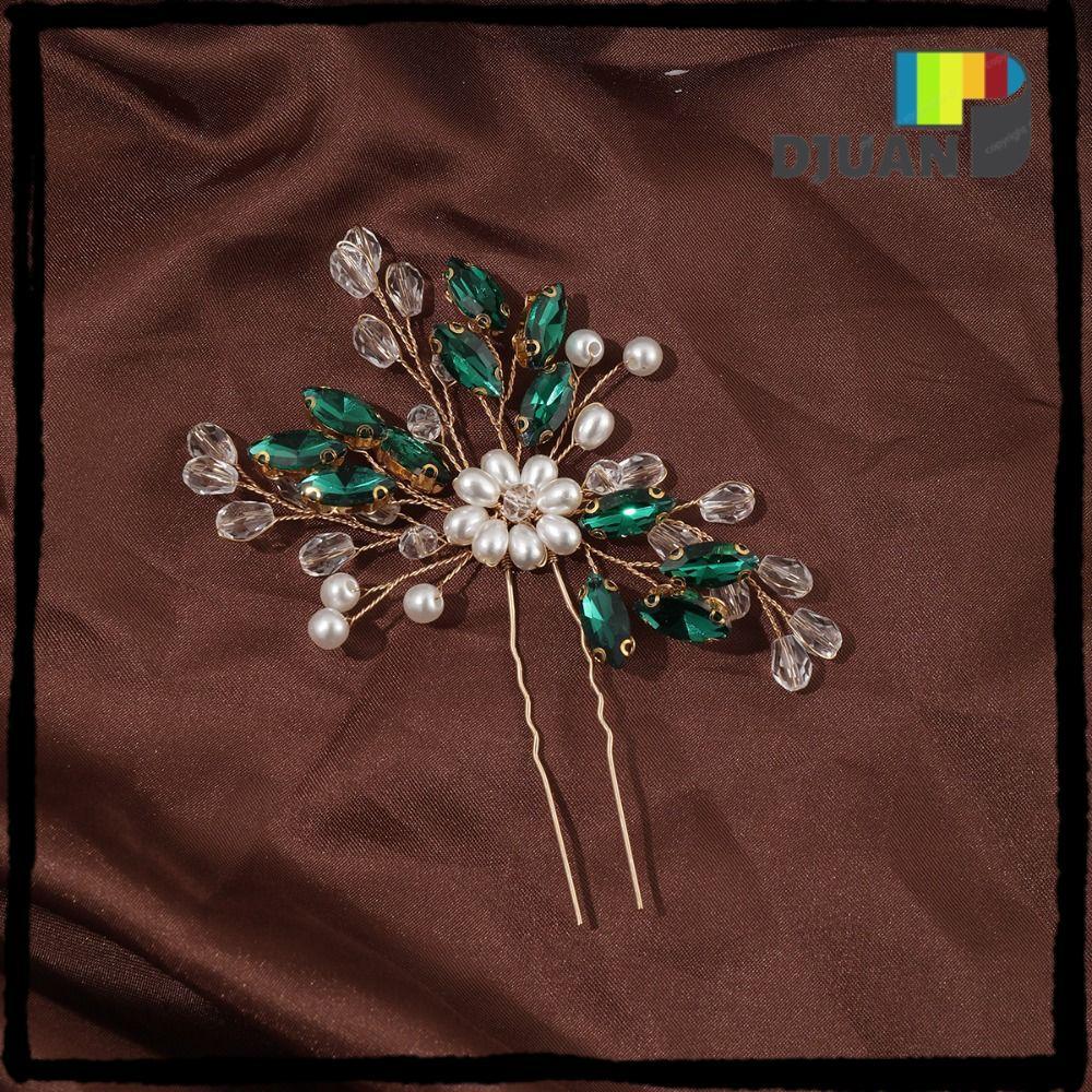 DUOJUAN Flower Leaf Headbands คริสตัลสีเขียวที่สวยงาม Tiara คลิปเจ้าสาว