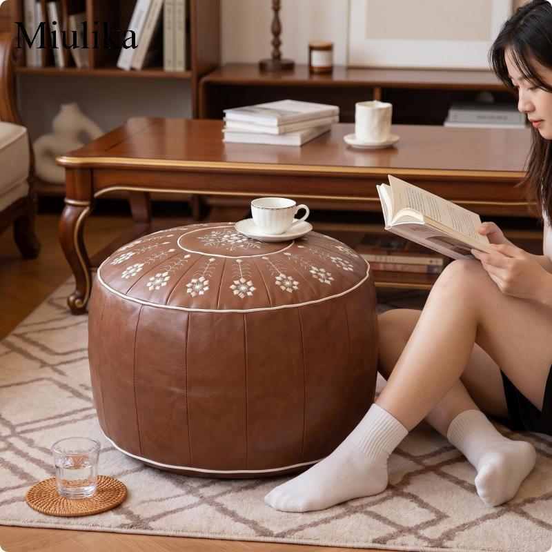 [Miulika] Leather-Like Ottoman Stool Segmented Stitching Storage Ottoman Piping Trim