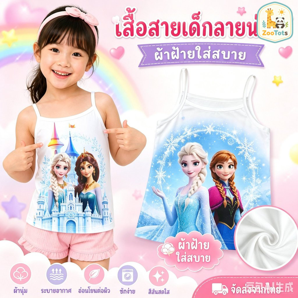 เสื้อสายเดี่ยวเด็กหญิง ลายเจ้าหญิงและปราสาท น่ารักสดใส เสื้อเด็กใส่หน้าร้อน 90-130 ซม. พร้อมส่ง