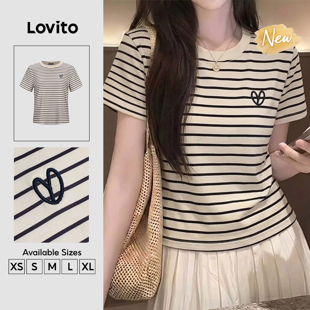 (New Arrival) Lovito เสื้อยืดผู้หญิงสไตล์ลำลอง ลายทาง แขนสั้น คอกลม แบบบล็อกสี สีแอปริคอต สำหรับฤดูใ