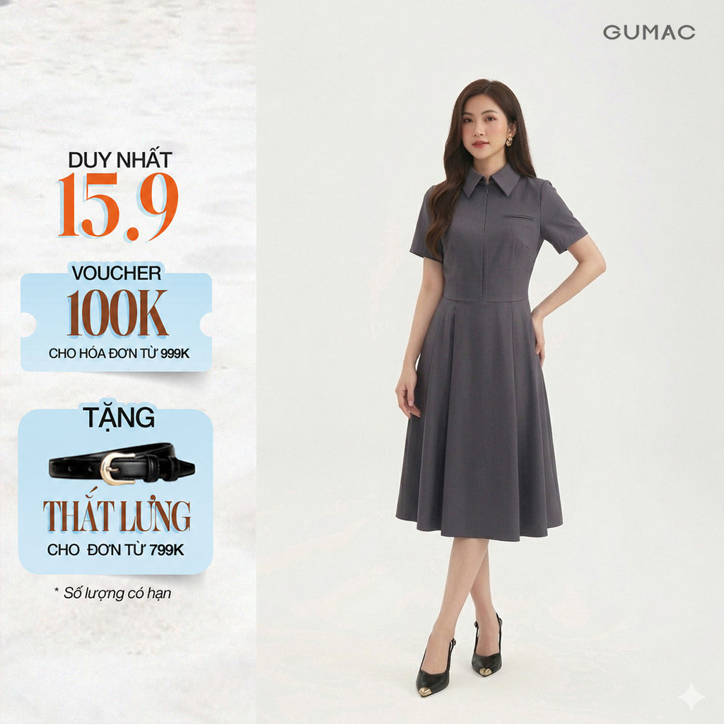 GUMC ชุดเดรสผู้หญิงคอปกเสื้อทรงเอและแขนสั้นหรูหรา LDF0825