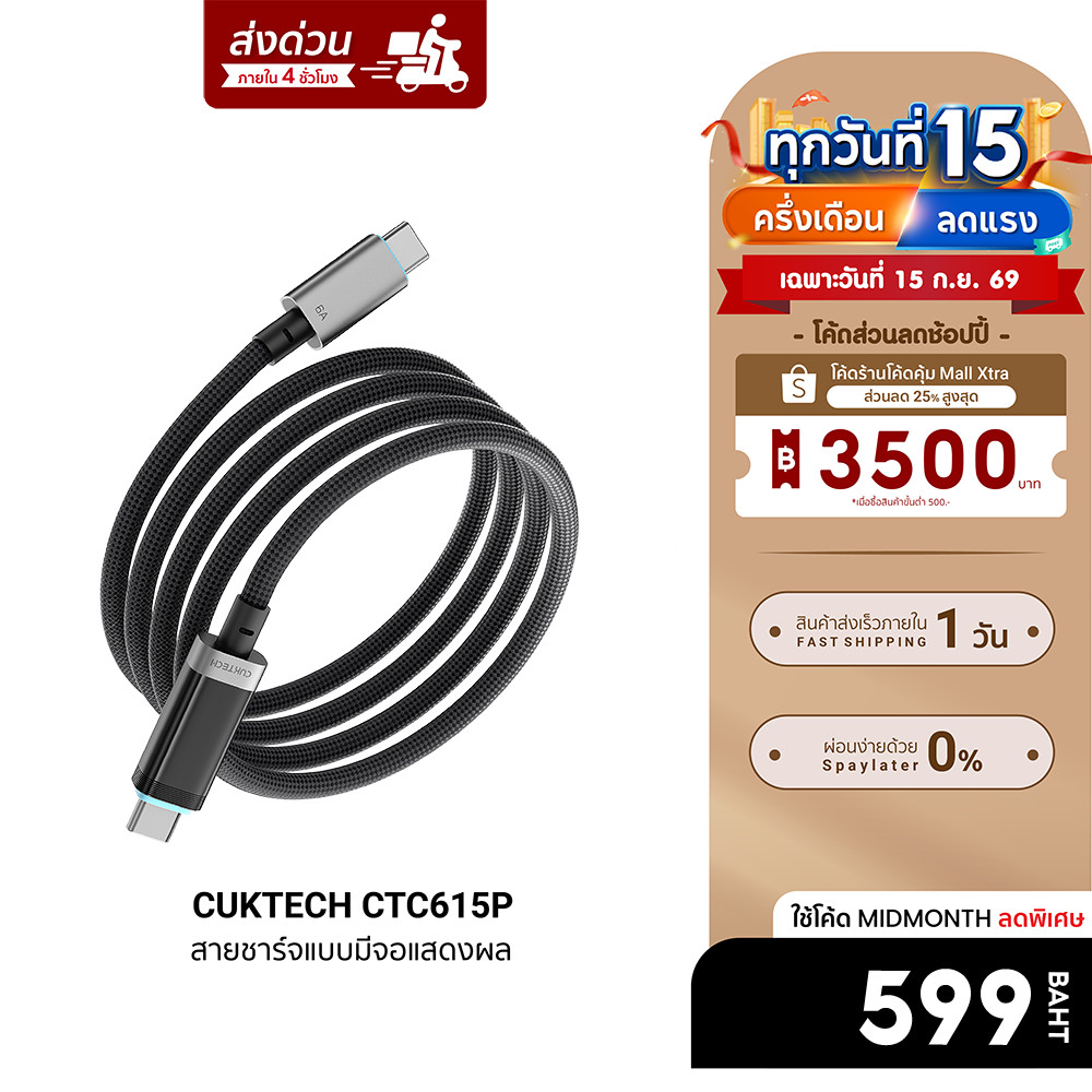 [ลดเหลือ 599] CUKTECH CTC615P 6A 240W สายชาร์จมีจอ USB-C to USB-C รองรับชาร์จเร็ว PD3.1 -24M