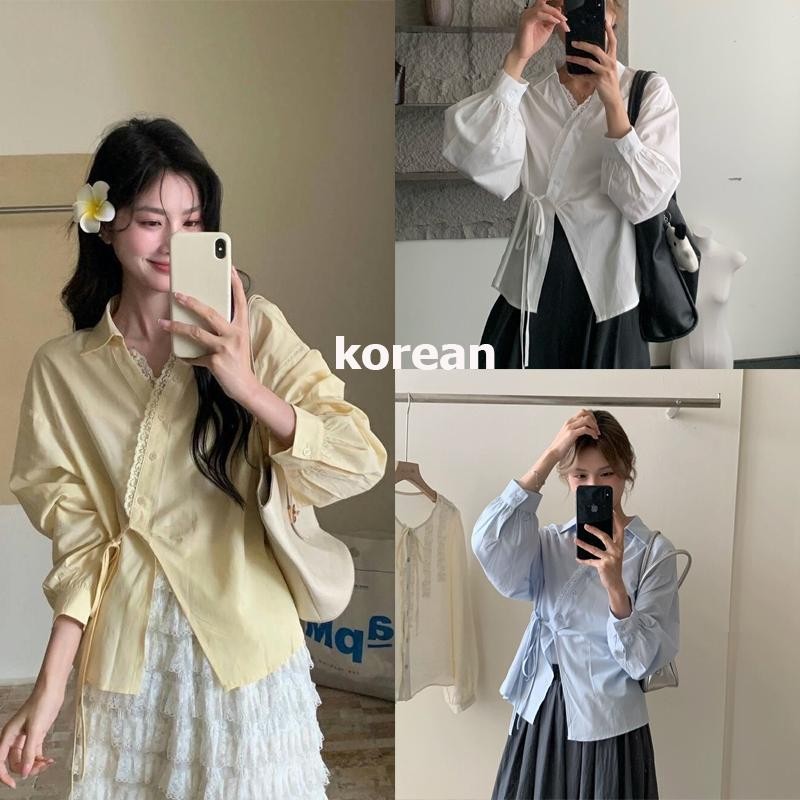 Dahong 99199   เสื้อเบลาส์ลําลอง คอวี เสื้อเชิ้ตแขนยาว สายลักชู กระดุมไขว้หน้า ผูกโบว์ข้าง สไตล์เกาหลี สำหรับผู้หญิง