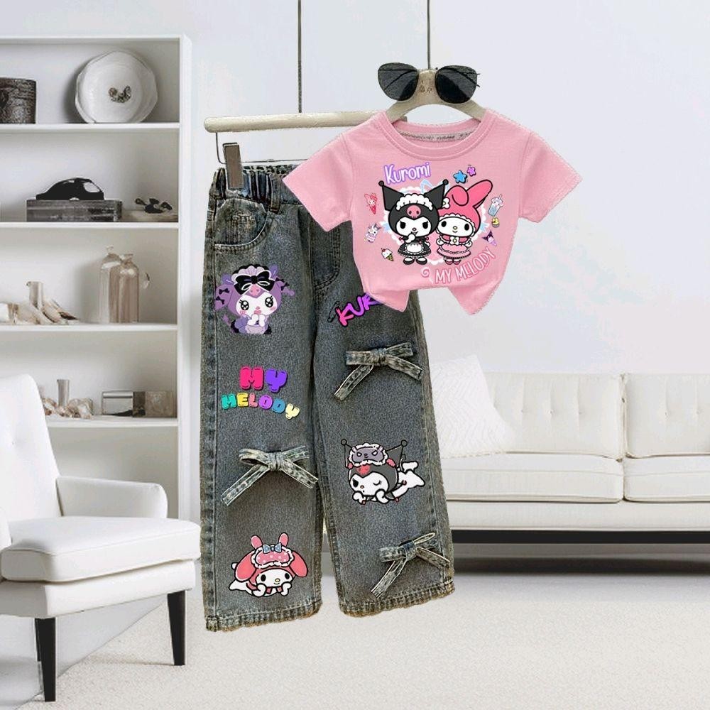 PINKชุดเซ็ทเด็ก2ชิ้น เสื้อสกรีนลายสุดฮิต+กางเกงยีนส์แท้(สีสนิมใหม่)สกรีนลายแต่งโบว์
