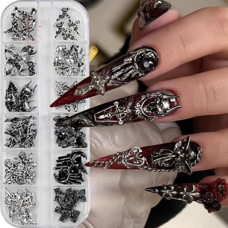 [maybeauty] 12Grid Vintage Cross Nail Art Charms Y2k โลหะสไตล์โลหะผสม Cross Skeleton Angel อุปกรณ์ตกแต่งเล็บ {TH}