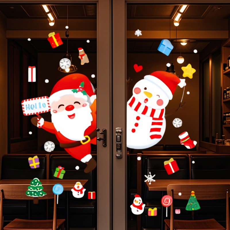 คริสต์มาสการ์ตูน Santa Snowman สติกเกอร์หน้าต่างไฟฟ้าสถิต - Holiday Party PVC Glass Decal ตกแต่งงานรื่นเริง