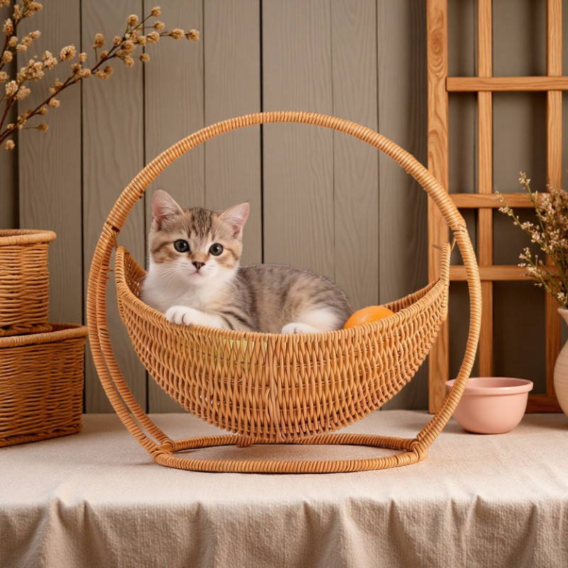 รังแมว เปลแมว รังแมวหวายเลียนแบบ กรงแมวกึ่งปิด ระบายอากาศดี หวายแมวกรง เตียงแมวขนาดเล็ก - รูปที่ 2