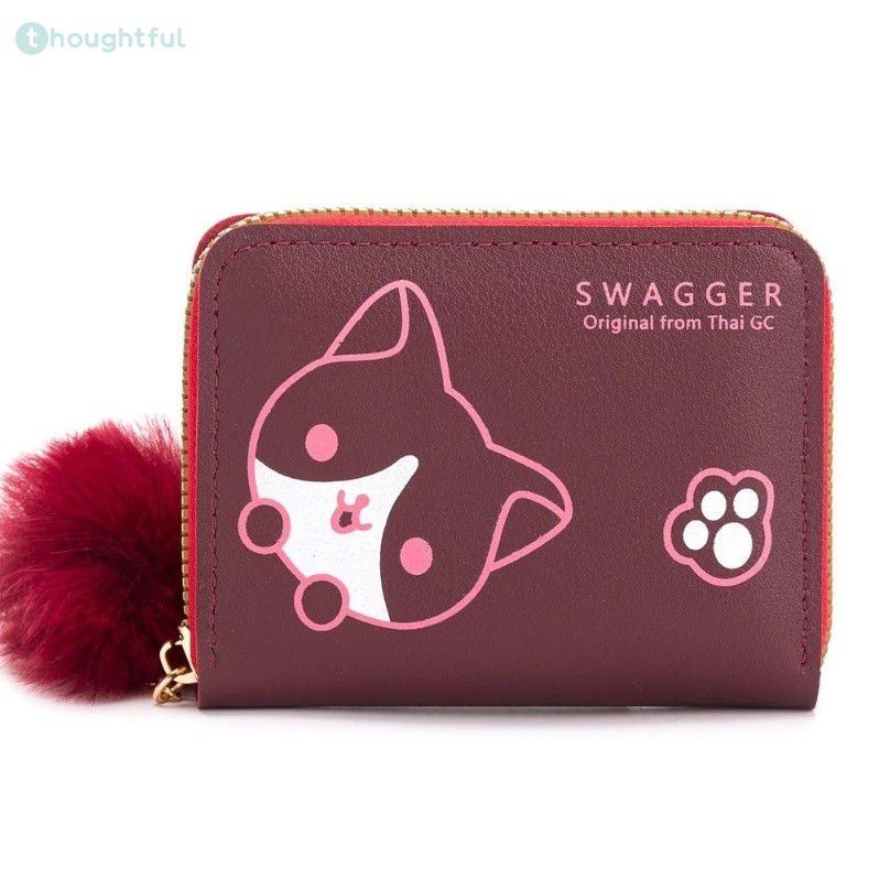 กระเป๋าสตางค์หนังใบสั้นสำหรับผู้หญิง ลายลูกแมวน่ารัก พร้อมซิป สามารถใส่เหรียญและธนบัตรได้