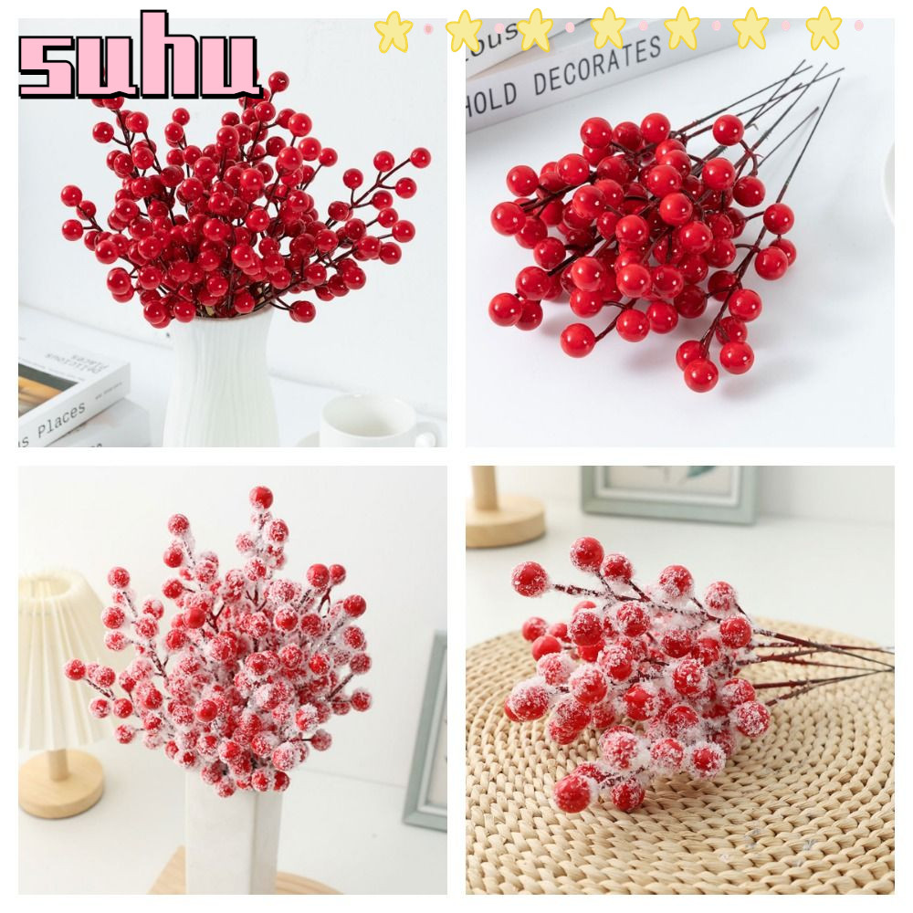 SUHUHD 10PCS Red Berries สาขา, สีแดงกับ Frost Christmas Berry สาขา, ตกแต่งบ้านงานแต่งงานเครื่องประดั