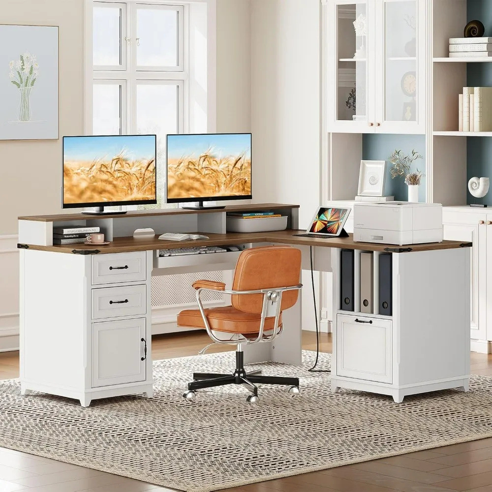 Farmhouse 69 Executive L Shaped Desk พร้อมลิ้นชัก, โต๊ะทํางานที่บ้านพร้อมแท่นชาร์จ, โต๊ะคอมพิวเตอร์เ