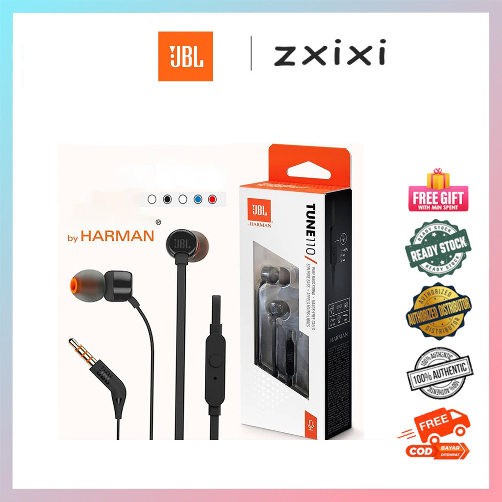 JBL T110 3.5 มม.หูฟังแบบมีสาย T110 สเตอริโอเพลงซับวูฟเฟอร์หูฟังกีฬาหูฟังพร้อมการควบคุม