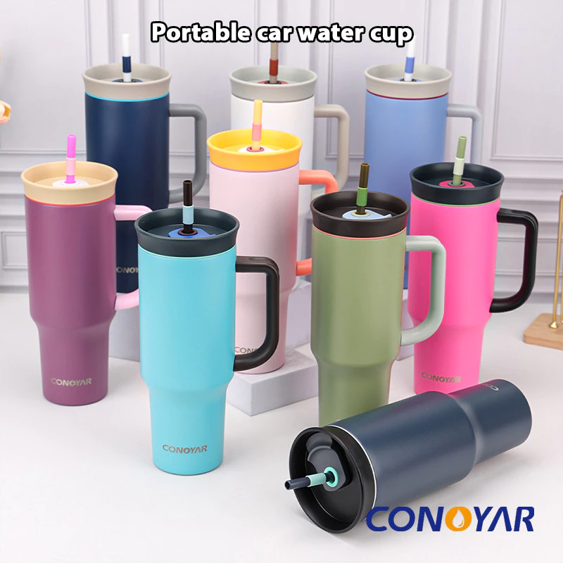 CONOYAR กระติกน้ำร้อนถ้วยสแตนเลสขายส่งจับฟางน้ำแข็งโทถ้วย กลางแจ้ง304แบบพกพา40ออนซ์สูญญากาศรถถ้วยข้ามพรมแดน T01305
